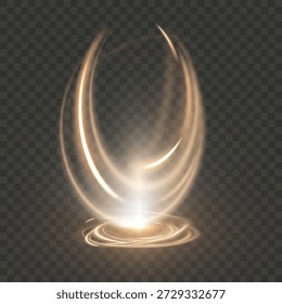 Rayo de luz de Vertical brillante dorada con vórtice arremolinado en la base y partículas brillantes de brillo. Efecto de luz de Vector brillante sobre fondo transparente.