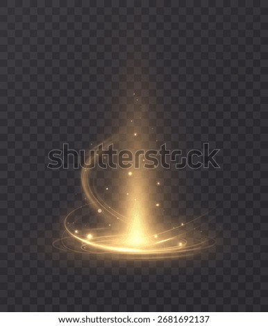 A golden, shining vortex with sparkling particles rising upward against a transparent background. A bright, swirling beam of energy for fantastic scenes, magical spells, and festive designs.