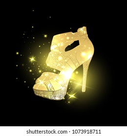 Golden shining woman night shoes with high heels with star blinks. Glowing female footwear at cosmos, trendy girl boots in space. Trend and vogue, clothing and lady accessory, nightlife theme