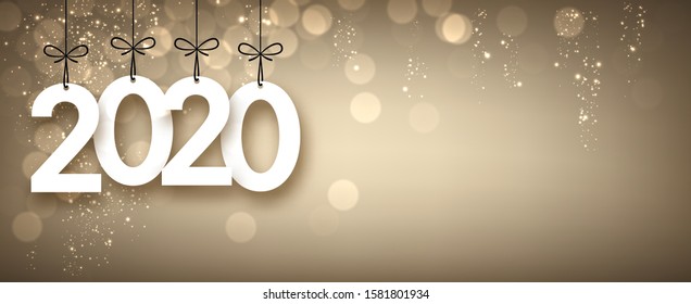 Golden shiny 2020 New Year banner. Bokeh effect. Vector background.
