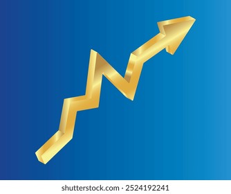 Golden shiny 3d arrow is going up isolated on a blue background. Gold arrow, Vector.Business concept, growing chart. Concept of sales symbol icon with arrow moving up. Economic Arrow, Growing Trend.