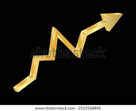 Golden shiny 3d arrow is going up isolated on a black background. Gold arrow, Vector.Business concept, growing chart. Concept of sales symbol icon with arrow moving up. Economic Arrow, Growing Trend.