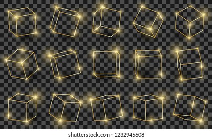 Golden shiny 3D cubes pack isolated on transparent background. Different light, perspective and angle. Glowing gold 3d frames set. Vector illustration