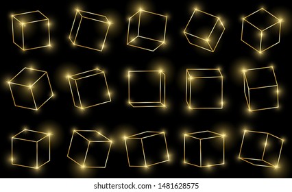 Golden shiny 3D cubes pack isolated on black background. Multiple gold cubes. Different light, perspective and angle. Glowing gold 3d frames set. Vector illustration