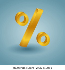 Golden shiny 3D percent symbol - isolated on blue "%" of a real block of characters. 3D rendering Percent sign. Percentage, discount, sale, promotion concept. 3D vector illustration of icon.
