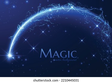 Golden shiny arc spiral line effect with magic dust particles effect flying around. Light in motion drawing Vector eps background.