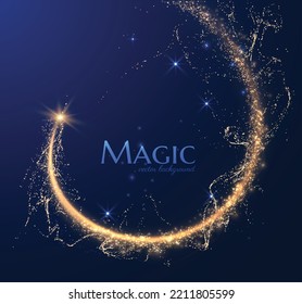 Golden shiny arc spiral line effect with magic dust particles effect flying around. Light in motion drawing Vector eps background.