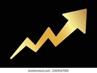 Golden shiny arrow is going up isolated on a black background. Gold arrow, Vector.Business concept, growing chart. Concept of sales symbol icon with arrow moving up. Economic Arrow With Growing Trend.