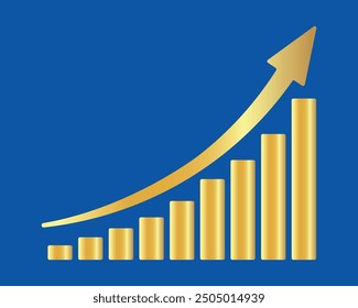 Golden shiny arrow is going up isolated on a blue background. Gold arrow, Vector.Business concept, growing chart. Concept of sales symbol icon with arrow moving up. Economic Arrow With Growing Trend.