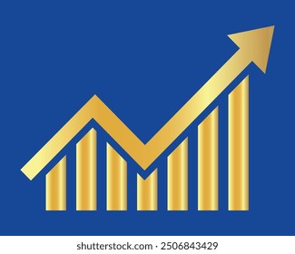 Golden shiny arrow is going up isolated on a blue background. Gold arrow, Vector.Business concept, growing chart. Concept of sales symbol icon with arrow moving up. Economic Arrow With Growing Trend.