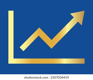 Golden shiny arrow is going up isolated on a blue background. Gold arrow, Vector.Business concept, growing chart. Concept of sales symbol icon with arrow moving up. Economic Arrow With Growing Trend.