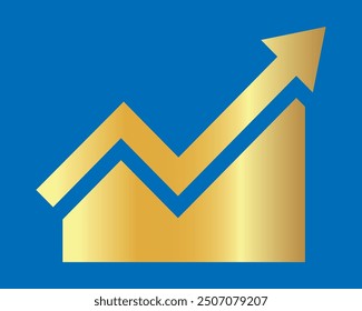 Golden shiny arrow is going up isolated on a blue background. Gold arrow, Vector.Business concept, growing chart. Concept of sales symbol icon with arrow moving up. Economic Arrow With Growing Trend.