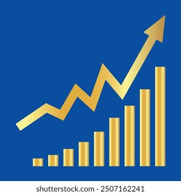 Golden shiny arrow is going up isolated on a blue background. Gold arrow, Vector.Business concept, growing chart. Concept of sales symbol icon with arrow moving up. Economic Arrow With Growing Trend.