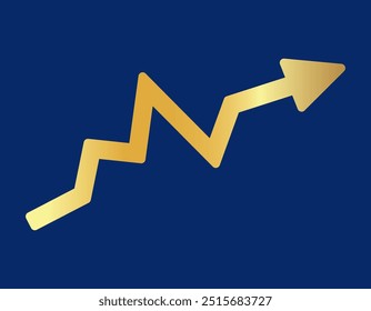 Golden shiny arrow is going up isolated on a blue background. Gold arrow, Vector.Business concept, growing chart. Concept of sales symbol icon with arrow moving up. Economic Arrow With Growing Trend.