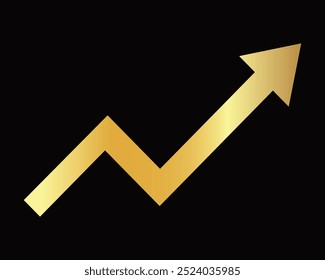 Flecha brillante dorada está subiendo aislada sobre un fondo negro. Flecha de oro, Vector. Concepto de negocio, carta creciente. Concepto de icono de símbolo de ventas con la flecha que se mueve hacia arriba. Flecha económica, tendencia creciente.