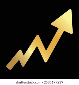 Golden shiny arrow is going up isolated on a black background. Gold arrow, Vector.Business concept, growing chart. Concept of sales symbol icon with arrow moving up. Economic Arrow, Growing Trend.