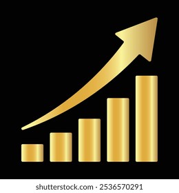 Golden shiny arrow is going up isolated on a black background. Gold arrow, Vector.Business concept, growing chart. Concept of sales symbol icon with arrow moving up. Economic Arrow With Growing Trend.