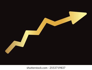 Golden shiny arrow is going up isolated on a black background. Gold arrow, Vector.Business concept, growing chart. Concept of sales symbol icon with arrow moving up. Economic Arrow, Growing Trend.