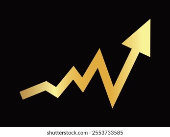 Golden shiny arrow is going up isolated on a black background. Gold arrow, Vector.Business concept, growing chart. Concept of sales symbol icon with arrow moving up. Economic Arrow With Growing Trend.