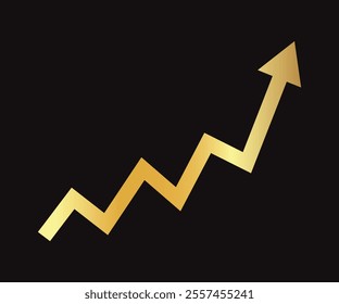 Golden shiny arrow is going up isolated on a black background. Gold arrow, Vector.Business concept, growing chart. Concept of sales symbol icon with arrow moving up. Economic Arrow With Growing Trend.