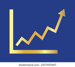 Golden shiny arrow is going up isolated on a blue background. Gold arrow, Vector.Business concept, growing chart. Concept of sales symbol icon with arrow moving up. Economic Arrow With Growing Trend.