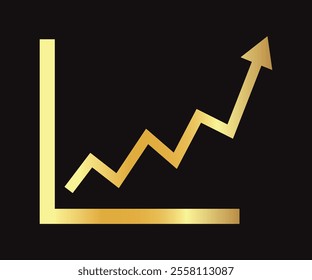 Golden shiny arrow is going up isolated on a black background. Gold arrow, Vector.Business concept, growing chart. Concept of sales symbol icon with arrow moving up. Economic Arrow With Growing Trend.