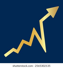 Golden shiny arrow is going up isolated on a blue background. Gold arrow, Vector.Business concept, growing chart. Concept of sales symbol icon with arrow moving up. Economic Arrow With Growing Trend.