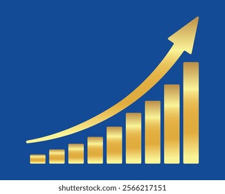 Golden shiny arrow is going up isolated on a blue background. Gold arrow, Vector. Business concept, growing chart. Concept of sales symbol icon with arrow moving up. Economic Arrow With Growing Trend.