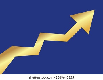 Golden shiny arrow is going up isolated on a blue background. Gold arrow, Vector.Business concept, growing chart. Concept of sales symbol icon with arrow moving up. Economic Arrow With Growing Trend.