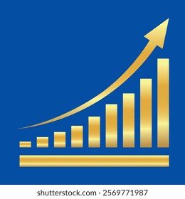 Golden shiny arrow is going up isolated on a blue background. Gold arrow, Vector. Business concept, growing chart. Concept of sales symbol icon with arrow moving up. Economic Arrow With Growing Trend.