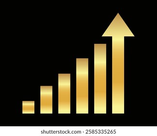 Golden shiny arrow is going up isolated on a black background. Gold arrow, Vector.Business concept, growing chart. Concept of sales symbol icon with arrow moving up. Economic Arrow With Growing Trend.