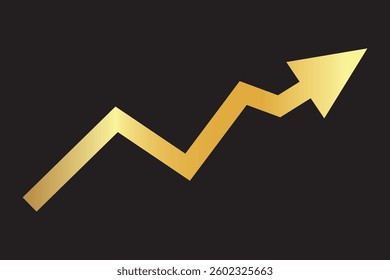 Golden shiny arrow is going up isolated on a black background. Gold arrow, Vector.Business concept, growing chart. Concept of sales symbol icon with arrow moving up. Economic Arrow With Growing Trend.