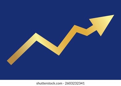 Golden shiny arrow is going up isolated on a blue background. Gold arrow, Vector.Business concept, growing chart. Concept of sales symbol icon with arrow moving up. Economic Arrow With Growing Trend.
