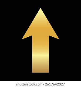 Golden shiny arrow is going up isolated on a black background. Gold arrow, Vector.Business concept, growing chart. Concept of sales symbol icon with arrow moving up. Economic Arrow, Growing Trend.