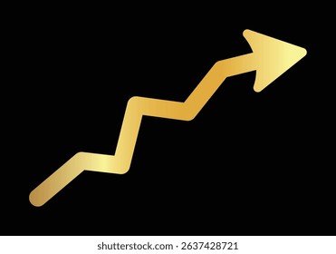 Golden shiny arrow is going up isolated on a black background. Gold arrow, Vector.Business concept, growing chart. Concept of sales symbol icon with arrow moving up. Economic Arrow With Growing Trend.