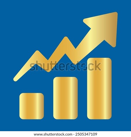 Golden shiny arrow is going up isolated on a blue background. Gold arrow, Vector.Business concept, growing chart. Concept of sales symbol icon with arrow moving up. Economic Arrow With Growing Trend.