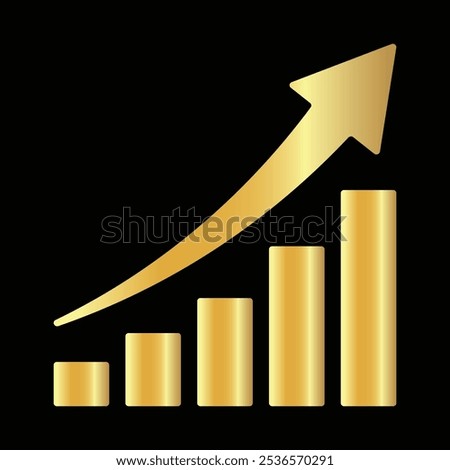 Golden shiny arrow is going up isolated on a black background. Gold arrow, Vector.Business concept, growing chart. Concept of sales symbol icon with arrow moving up. Economic Arrow With Growing Trend.
