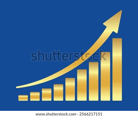 Golden shiny arrow is going up isolated on a blue background. Gold arrow, Vector. Business concept, growing chart. Concept of sales symbol icon with arrow moving up. Economic Arrow With Growing Trend.