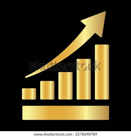 Golden shiny arrow is going up isolated on a black background. Gold arrow, Vector.Business concept, growing chart. Concept of sales symbol icon with arrow moving up. Economic Arrow With Growing Trend.