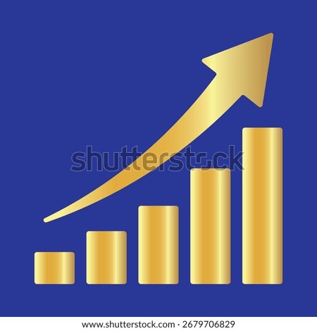 Golden shiny arrow is going up isolated on a blue background. Gold arrow, Vector. Business concept, growing chart. Concept of sales symbol icon with arrow moving up. Economic Arrow With Growing Trend.