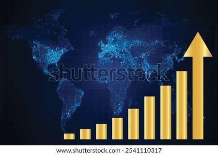 Golden shiny arrow going up on a blue world map. The global price and value of gold is rising. Concept of sales symbol icon with arrow moving up. Economic Arrow With Growing Trend. Vector illustration
