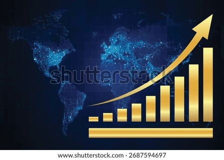 Golden shiny arrow going up on a blue world map. The global price and value of gold is rising. Concept of sales symbol icon with arrow moving up. Economic Arrow With Growing Trend. Vector illustration