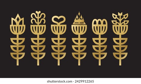 Golden shiny assorted abstract isolated thick line art deco vertical blooming flowers with leaves icons set on black background