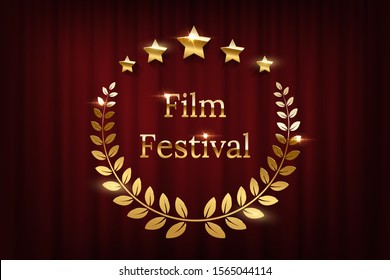 Golden Shiny Award Laurel Wreaths, Stars And Film Festival Text Isolated On Dark Red Curtain Background. Vector Design Element