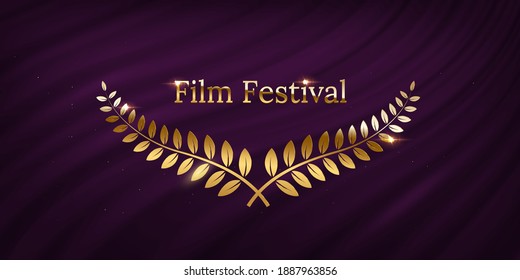 Golden shiny award laurel wreaths and Film Festival text isolated on violet waving curtain background. Vector design element