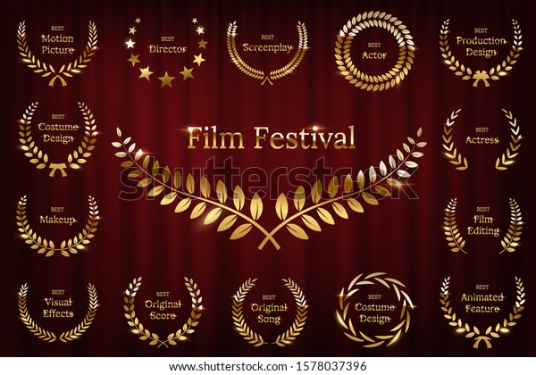 Golden shiny award\
laurel wreaths isolated on red curtain background. Vector Film\
Awards design elements