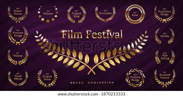 Golden\
shiny award laurel wreaths isolated on violet waving curtain\
background. Vector Film Awards design\
elements