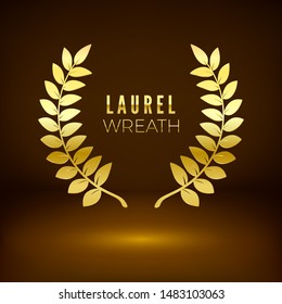 Golden shiny award sign. Laurel wreath on dark background. Vector illustration