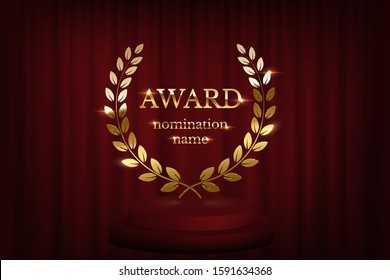 Golden shiny award sign with laurel wreath on pedestal isolated on dark red background. Vector illustration