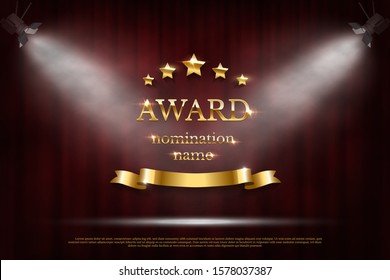 Golden shiny award sign with star and ribbon isolated on dark red background. Vector illustration